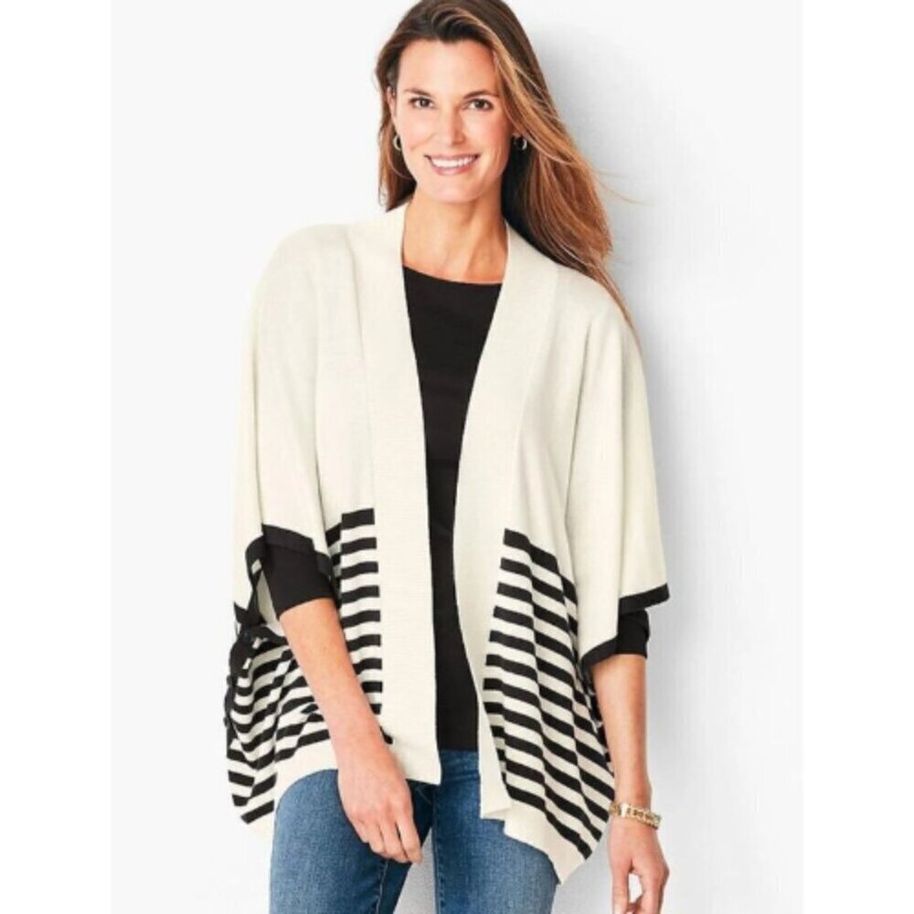Talbots Womens M/L Ivory Black Breton Striped Ruana Wrap Poncho CN